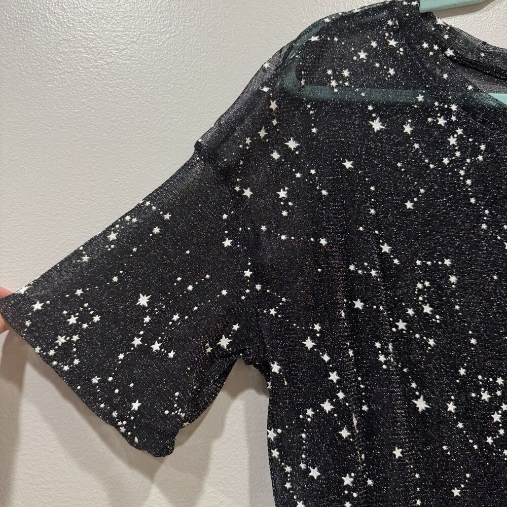 Sheer Mesh Top Star Print Black Oversized Celestial Grunge Y2K Women sz Large - Picture 4 of 8